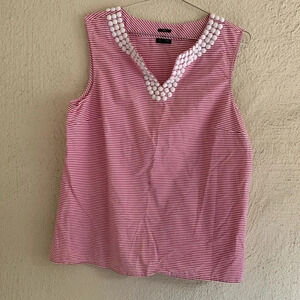 TalbotsBeaded White Pink Stripe Top Blouse Women Cotton Size 16